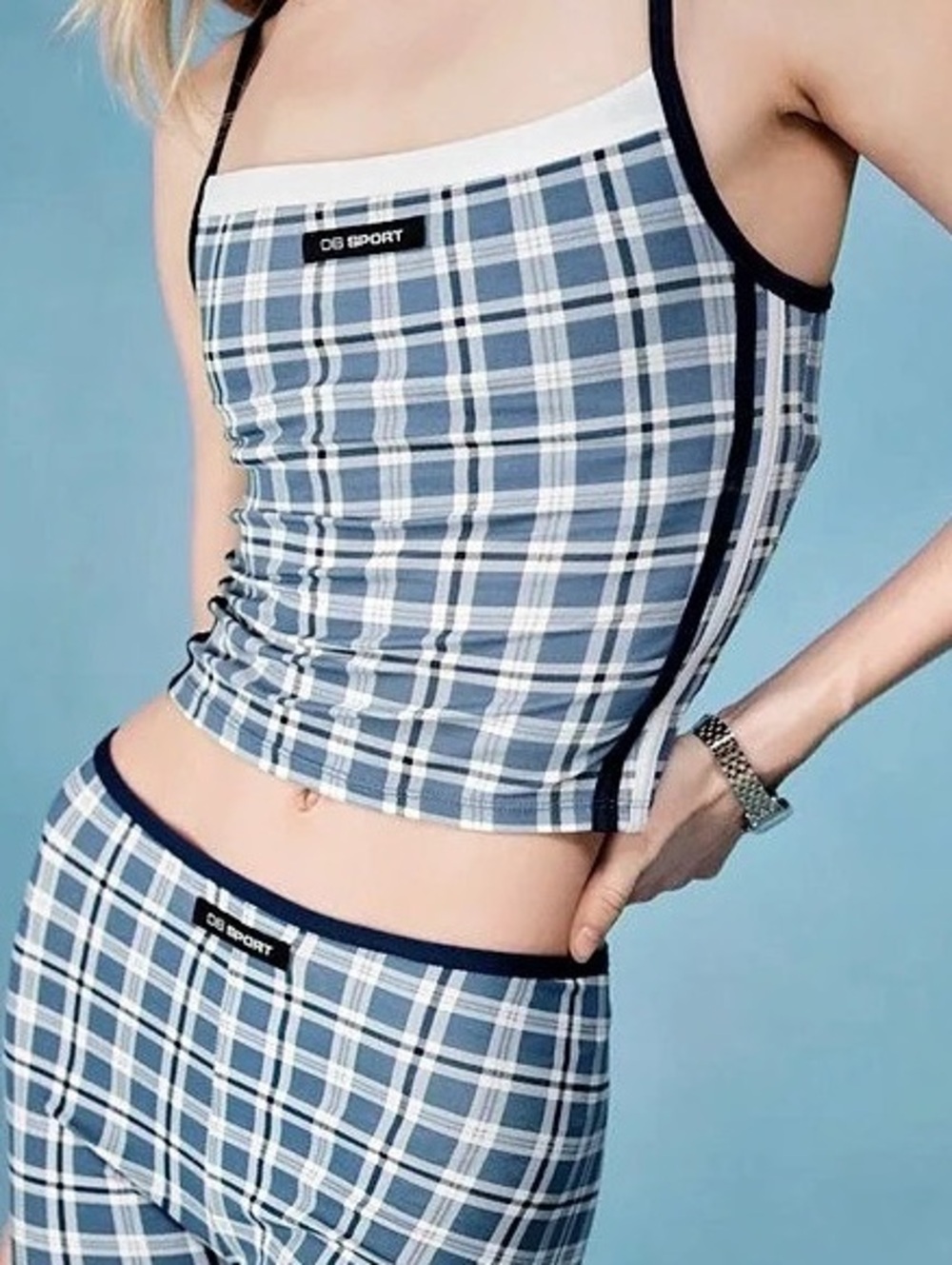 Dairy Boy DB Sport Square Neck Tank Top Blue White Plaid Built In Bra Size S
